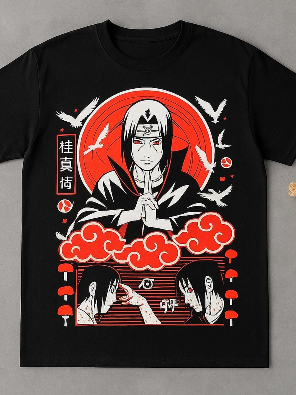 Itachi Anime Graphic T-Shirt – Red Cloud Ninja Streetwear Tee – Black Unisex